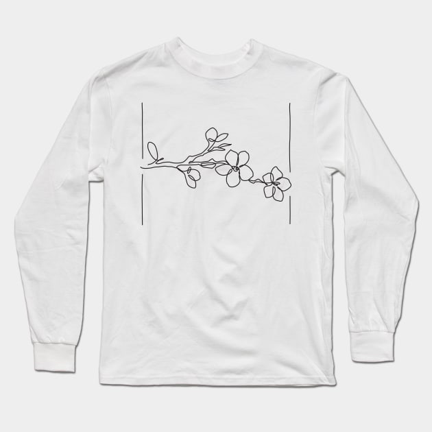 Cherry Blossom Line Drawing - Black Long Sleeve T-Shirt by EnvelopeStudio